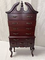 Full view of mahogany jewelry chest on cabriole legs