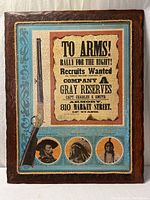 Front view of entire plaque showing poster text, rifle graphic, portraits, and wood-look border