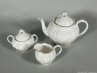 Teapot, sugar bowl with lid, creamer front view