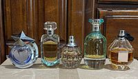All five perfume bottles side by side showing relative size and fill levels