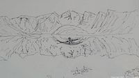Close-up of ink drawing showing mountains, reflection, kayaker