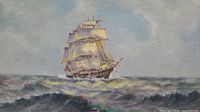 Close view of painting showing three-masted clipper on turbulent sea