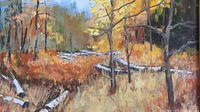 Close-up of painted scene showing autumn colors and birch logs