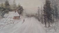 close view of painting shows snow road, cabin, figure, sleigh