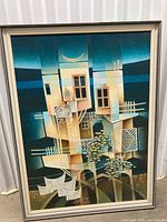 Front view of framed abstract cityscape oil painting