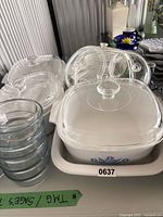 CorningWare casseroles, fitted lid, extra lids, and glass bowls