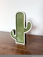 Front view of ceramic cactus decor, showing ribbed green surface and white outline