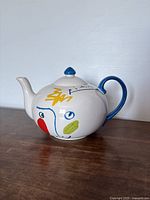 Right side view of teapot showing colourful abstract motif