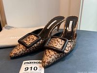Pair of Manolo Blahnik Maysale mules with dust bag and auction tag visible