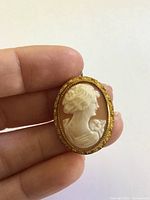 Front view of cameo showing carved portrait and gold-filled frame
