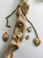 All six lockets displayed on driftwood and surface