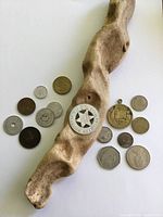 Overall view of driftwood prop with 12 coins/tokens displayed