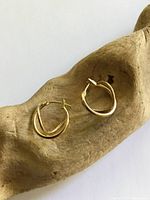 Pair of gold-plated hoop earrings displayed on driftwood