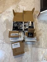 Grouped boxed automotive parts viewed from above