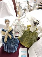 Front view of blue-dressed porcelain figurine with yellow shawl