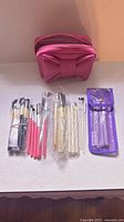 Group shot of all brush sets with pink pouch and purple case