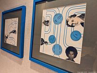 Both framed collages on wall, showing design and blue frames