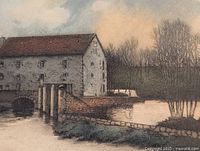 Close-up of etching showing stone mill, bridge and river