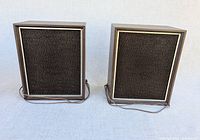 Front view of both speakers showing grills wood cabinets and attached wires