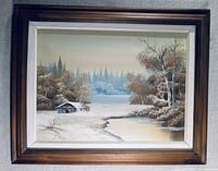 Front view of framed winter landscape oil painting