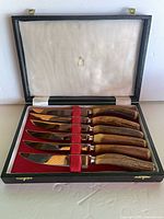 Open presentation case displaying six steak knives with antler handles