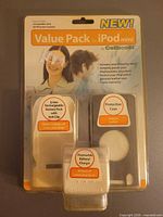 Front view of sealed Cellboost Value Pack for iPod mini showing all three accessories