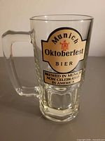 Front view of glass beer stein showing full decal and handle