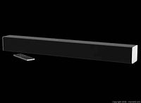 Sound bar with remote displayed against black background