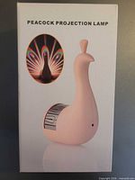 Box front showing pink peacock projection lamp product image and text