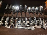 Open flatware chest showing all utensils arranged; details of handles and counts visible