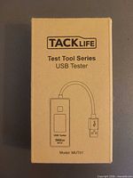 Front of retail box showing TACKLIFE Test Tool Series USB Tester model MUT01