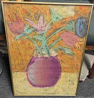 Front view of the framed mixed media floral painting