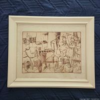 Overall view of framed linocut print in frame
