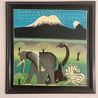 Framed Tingatinga style painting showing full artwork and frame