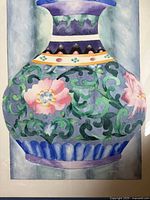 Full view of watercolor showing decorative vase design within mat and frame