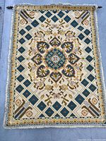 Full view of front showing pattern, fringe and colors