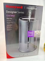 Front of retail box showing Honeywell Designer Series Cool Mist Humidifier