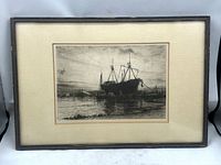 Full view of framed etching showing frame and mat
