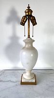 Front view of alabaster urn lamp showing brass twin sockets and square base