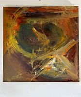 Full view of the abstract painting showing entire composition and signature