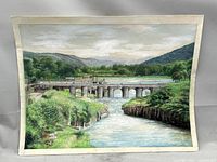 Front view of entire painting showing bridge, river and landscape