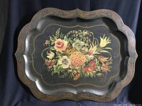Full view of scalloped rectangular tole tray with floral painting