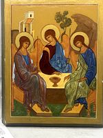 Front view of entire Holy Trinity icon on wood panel