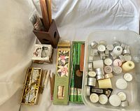 Overview showing tealights, incense packs, wooden holders