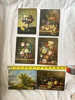 Front view of six oil paintings on wood panels with tape measure showing width