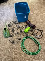 Full lot showing bin, plant caddies, hoses, watering can, mister, tie-downs