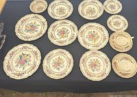 Overhead view of all plates, cups and saucers arranged on table