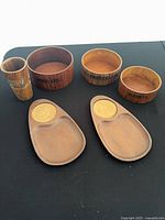 Full set showing three bowls, two trays, one cup