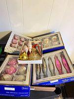 Overall view of all ornament boxes and tray