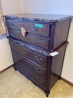 Front view of Gibbard highboy showing five drawers and hardware